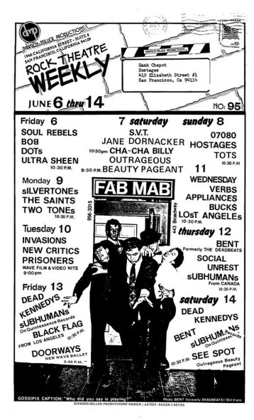 Announcement mailing from Fab Mab, Mabuhay Gardens, with long list of bands, including The Appliances, Dead Kennedys, Social Unrest, Black Flag, and the Silvertones