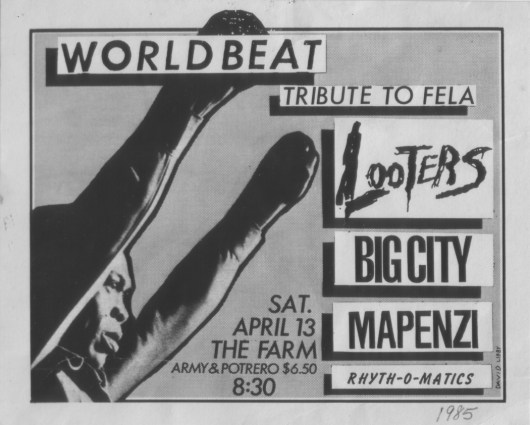 Ad for World Beat Tribute to Fela, The Farm, San Francisco, April 13, 1985, with image of Fela, both fists in the air